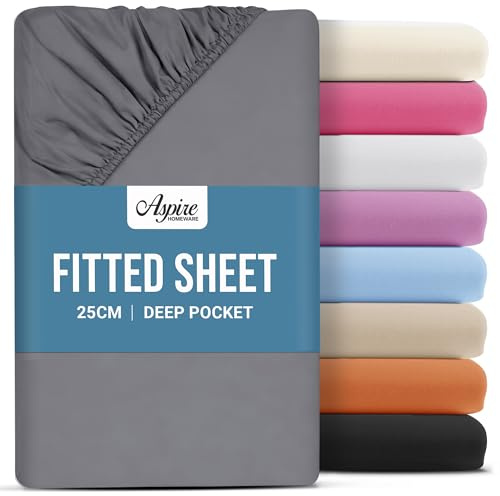 Aspire Homeware Double Fitted Sheet - 25 cm Deep Hotel Quality (Grey) Bed Sheets - Soft & Breathable Fitted Bed Sheets Double - Anti-Wrinkle Easy Care Fitted Sheets