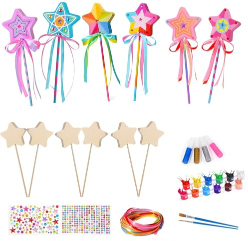 Dimoxii 12 Pezzi Bacchette Magiche in Legno, Bacchette da Fata e Principessa per Bambini, Kit Fai da Te da Dipingere, Artigianato Creativo per Ragazze (Stella)