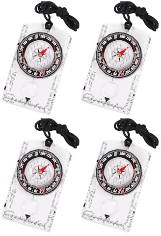 4 Pcs Outdoor Compass with Adjustable Declination,Magnifier,Ruler,Scale. Multifunctional Orienteering Waterproof Compass for Map Reading, Navigation, Hiking