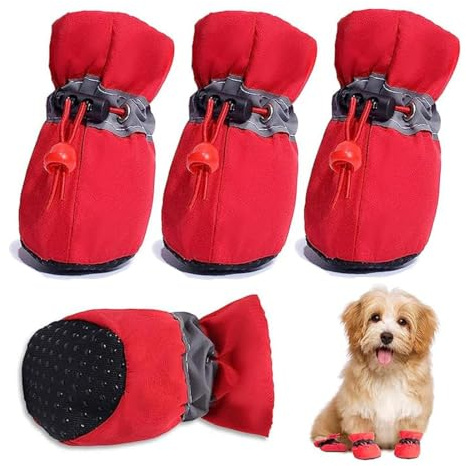 IKOPFLN Botas Para Perros,4pcs Zapatos Impermeables Perros Con Correas Reflectantes, Antideslizante Protectores De Patas Pequeños Y Medianos, Rojo