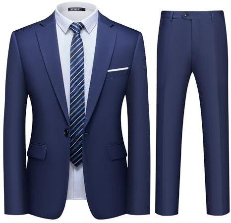 WULFUL Men's 2 Piece Slim Fit Suit Set One Button Blazer Jacket Pants Tuxedo Set for Party, Wedding and Business Navy