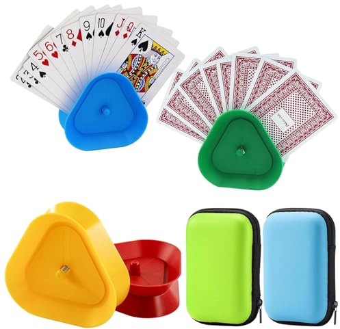 Dongcill Aujeta Cartas Set 4 Pcs Sujeta Cartas Naipes con 2 Pcs Custodia Carte da Gioco, Sujeta Cartas Naipes Manos Libres Sujeta Cartas Niños Soporte para Naipes para Niños Adultos Personas Mayores
