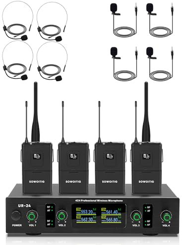 SOWOITIG Sistema de micrófono inalámbrico Lavalier con auriculares y solapa, juego de 4 canales UHF con receptores, alcance de 90 m para canto, iglesia, karaoke, sermón, boda y eventos