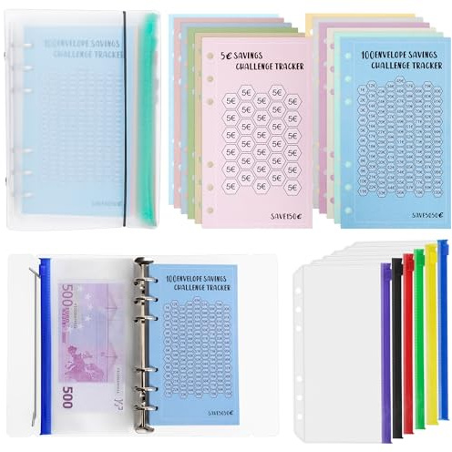 YEYIT Épargne Défis Budget，Classeur Budget，Trieur Budget 1 Pièces Budget Binder A6 et 12 Pièces Multicolore 6 Trous Pochette，Budget Planner Francais pour Documents Cartes Photos Pochette Budget