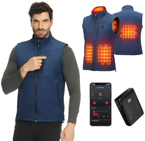 KEMIMOTO Gilet riscaldabile con funzione app, gilet riscaldante uomo e donna, con batteria 10000 mAh, gilet riscaldato con 4 zone di riscaldamento, per motociclismo, pesca, sci, Blu, S