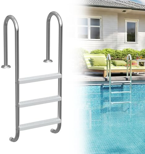 XMTECH Escalera de piscina de acero inoxidable con 3 peldaños antideslizantes de ABS con nervaduras de refuerzo, redondeadas sin riesgo de arañazos, con material de montaje, para piscina de hasta 1,3