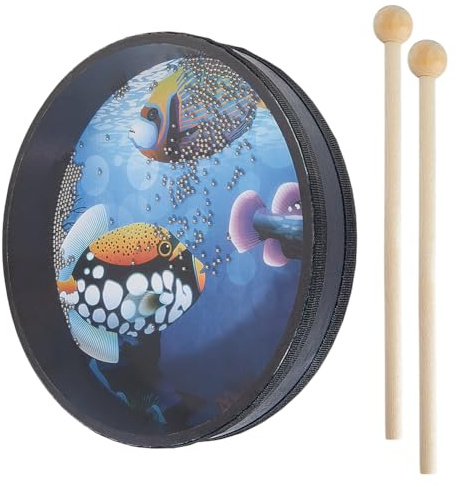 OLYCRAFT 1 tambor Oceánico con 2 palillos de madera, tambor de perlas onduladas con diseño de peces, 25,5 cm, tambor de sonido marino con perlas onduladas, instrumento de percusión musical para el