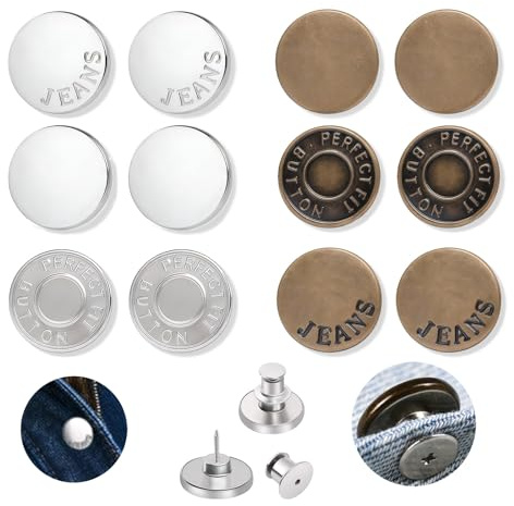 Nevoluxer 12 botones para vaqueros de presión metálicos 17 mm, kit de ajuste de cintura sin costuras para pantalones, botones de presión para reparación de prendas
