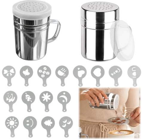 2 Pcs Chocolate Shaker Stainless Steel,Sugar Salt Shaker, Coffee Sprinkle,Fine Mesh Duster with 16 Coffee Stencils for Cake Decorating, Syrup,Cream,Cocoa,Cappuccino