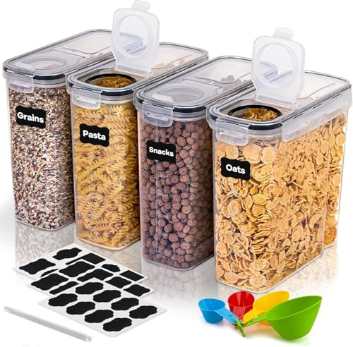 4L Contenitori Ermetici per Alimenti 4 Pezzi, senza BPA, Contenitori Plastica Cucina Organizer con Coperchio, Organizer Cucina per la Conservazione di Pasta, Cereali, Muesli, Cornflakes