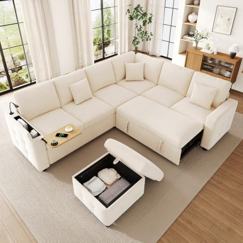 Sapgaks Sofá de esquina convertible de 7 plazas, sofá cama, sofá convertible, lámpara de lectura LED, puerto USB/Type-C, almacenamiento en el reposabrazos, mesa plegable, portavasos y 3 cojines (Beige