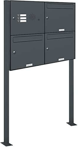 AL Briefkastensysteme 3er Standbriefkasten Anthrazitgrau RAL 7016 mit Klingel als 3 Fach Briefkastenanlage in Postkasten Briefkasten Design modern