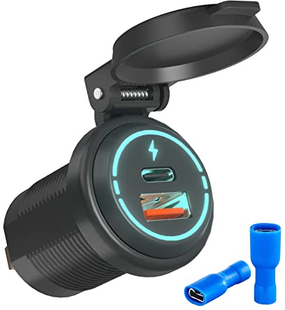 Kriogor QC 3.0 USB C-uttag 12 V/24 V bil, PD3,0 30 W typ C USB-uttag vattentät 12 volt billåda cigarettändare adapter, biltillbehör för bil husbil motorcykel, båt yacht (USB + typ C)