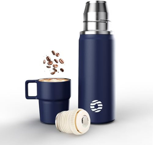 Healter Thermoskanne mit Becher 850ml Thermosflasche Kaffee Auslaufsicher Thermobecher Getränke 12h Warm/24h Kalt BPA-Frei Edelstahl Isolierflasche für Outdoor Camping(Dunkelblau)