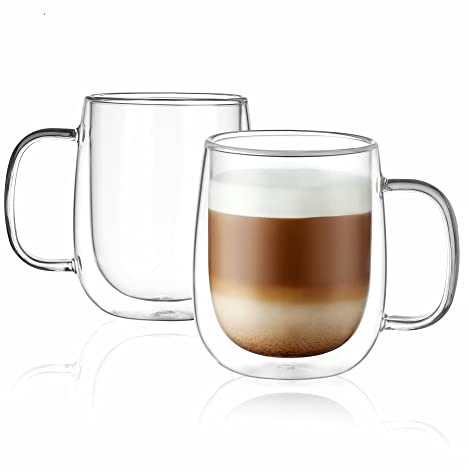 CNGLASS Glass Coffee Mugs 12oz(355ml),Double Wall Insulated Mug Set with Handle,Clear Glass Espresso Mugs for Latte,Cappuccino,Tea Bag,Hot and Cold Beverages,Set of 2