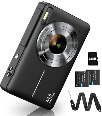 Digitalkamera Fotokamera FHD 1080P 44MP Fotoapparat mit 32G Karte 16X Digitalzoom Digital Kamera mit Batterie Tragbare Einfache Digitalkamera für Kinder Student Teenager Anfänger Senioren (Schwarz)