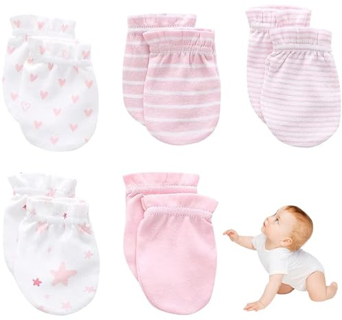Baby Non Scratch Mittens 5 par 5 mönster lös bomull baby mittens 0-6 månader bekväma tvättbara nyfödda handskar för flickor, 5 par, 10.5x8.5cm/4.13x3.35inch