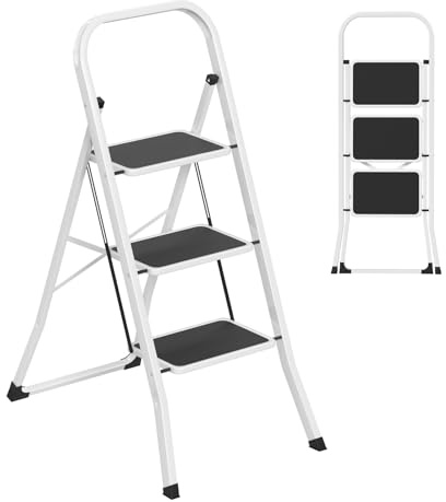 NAIZY Trittleiter 3 Stufen klappbar Tritt Kleine Leiter mit Breitem Trittbrett & Handlauf, Weiß Klappleiter Metall Haushaltsleiter, Tragfähigkeit bis 270KG