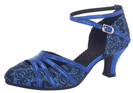 Chaussures de danse latine à paillettes pour femme - Bout fermé - Sandales épaisses - Pour salle de bal, tango - Chaussures de danse - Sangle de cheville réglable, bleu, 39 EU