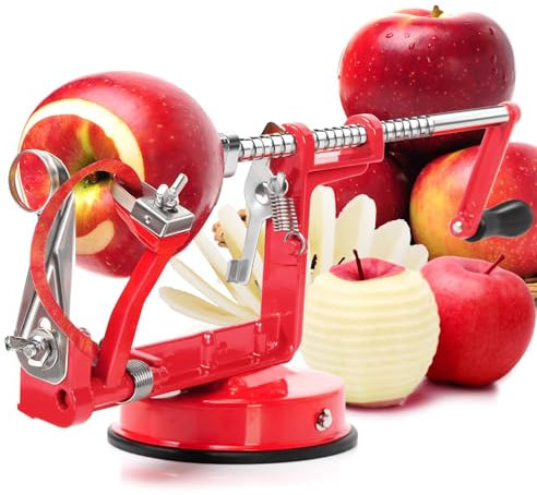Pelador de manzanas 3 en 1 con potente base de succión y cuchillas de acero inoxidable para manzanas, peras y más, (rojo)