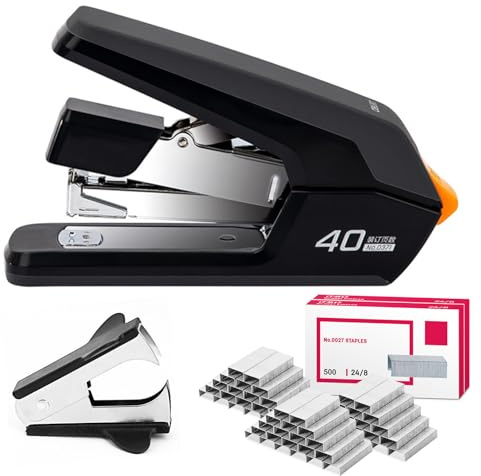 Effortless Desktop Stapler, Heavy Duty Stapler 40 Sheet Capacity, Office Supplies with 3000 Staples and Black Staple Remover, 1-Finger Press Stapling, Ergonomic & Easy to Load (Black)