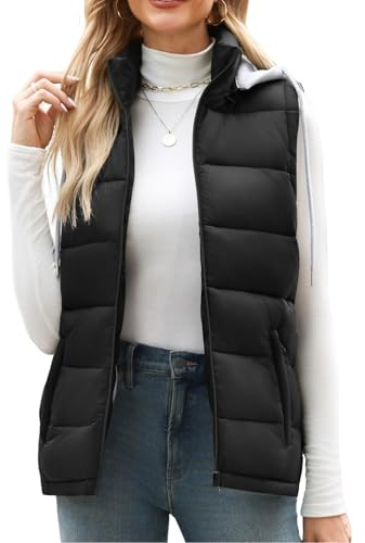 Tuopuda Chaleco Acolchado Mujer Invierno con Capucha Chaleco de Plumas Chaquetas sin Mangas Chaleco con Bolsillos(Negro,M)