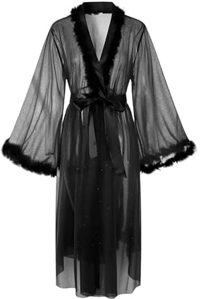 YJZQ Robe de chambre Femme Robe de Nuit Longue Col kimono Sexy Peignoir de Chambre Paillette étoiles Robe en tulle translucide pour un shooting grossesse