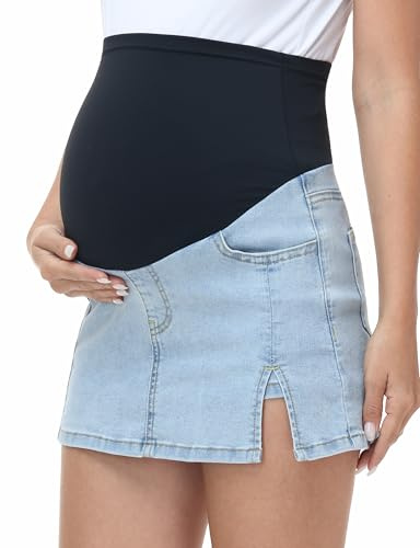 CFRTMTBB Women's Maternity Jean Skirt Over The Belly Casual Summer Side Slit Pregnancy Denim Skorts Skirt with Pockets (Light Blue,M)