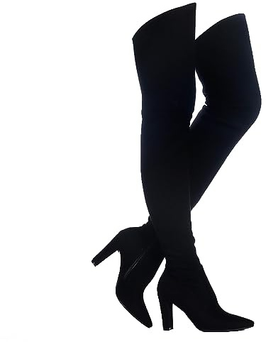 Shoe'N Tale Women Stretch Suede Chunky Heel Over The Knee Boots Thigh High for Women (8,Suede Black)