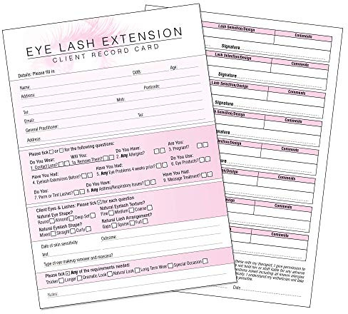 Tarjeta de registro de cliente de extensión de pestañas, formulario de consulta de tratamiento para terapeutas móviles y salones A5, paquete de 50 unidades