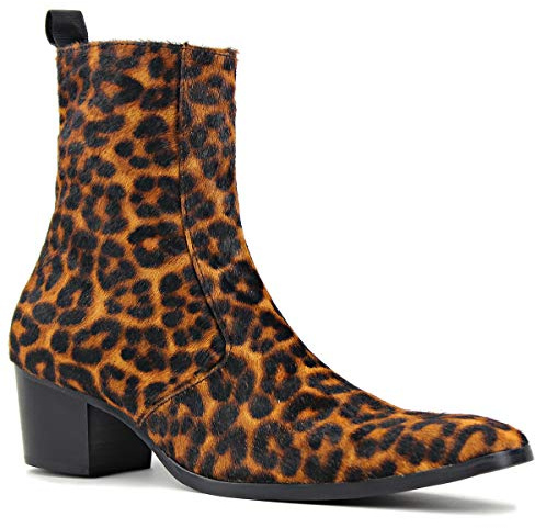 OSSTONE Stivaletto da Uomo Chukka crine di Cavallo Stivaletti firmati Scarpe Casual Tacco Chelsea Stivali Stampe di Leopardo OS-JY012-IT 9.5 Marrone Chiaro