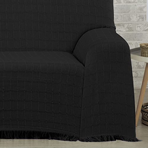 DALINA Colcha Multiusos Sofa,Manta Foulard,Plaid para Cama,Cubresofa Cubrecama,Comoda Practica y Suave. Poliester Algodón con Bordaje de Guadro Negro 180X260CM