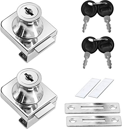 2 Pièces Serrure Porte en Verre Alliage de Zinc, Serrure Armoire Antirouille, Pour Porte en Verre 5-12 Mm Sans Perçage, Avec 4 Clés
