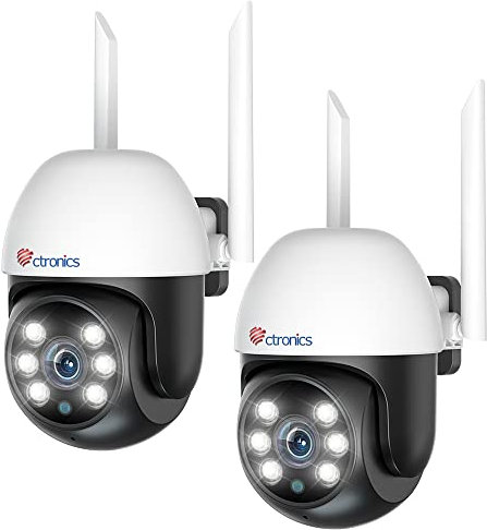 Ctronics 2PCS Caméra Surveillance WiFi Exterieure, 1080P PTZ Caméra IP WiFi avec Suivi Auto Détection Humaine 350°90° Vision Nocturne Couleur 20M Audio Bidirectionnel IP66 Étanche(1 Pouce)