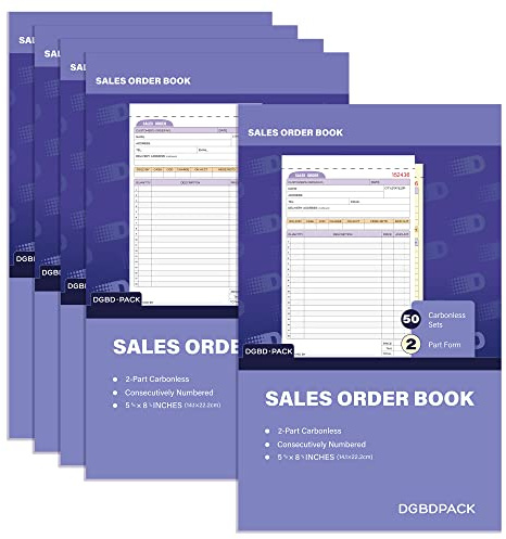 DGBDPACK Sales Order Book 5 Pack, 2 Part Carbonless Invoices, White/Canary, 5-9/16 x 8-3/4 Inches, Receipt Book 50 Units per Book