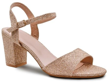 Fashion Thirsty Womens Bridal Sandals Glitter Low Block Heel Ankle Strap Ladies Wedding Evening Party Bridesmaid Prom Open Toe Shoes