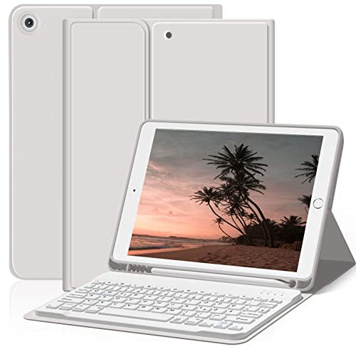 ZOYU Hülle mit Tastatur für iPad 9. 8. 7. Generation 2021 2020 2019, iPad 9/8/ 7 10,2 Zoll Hülle mit Tastatur, Bluetooth Keyboard Folio mit Stifthalter, QWERTZ Layout, Grau