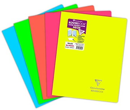 Clairefontaine 981423C Un Cahier Agrafé Koverbook Neon - 24x32 cm - 96 Pages Grands Carreaux - Papier Blanc 90 g - Couverture Polypro Opaque - Couleur Aléatoire