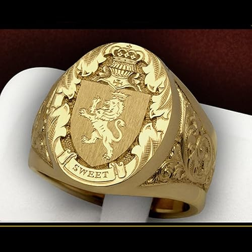 CUSIOALQQ Anello distintivo vintage con scudo leone placcato oro giallo 18 carati in argento Sterling 925 anello hip hop modello incisione anello corona anello sigillo stile punk gotico totem amuleto