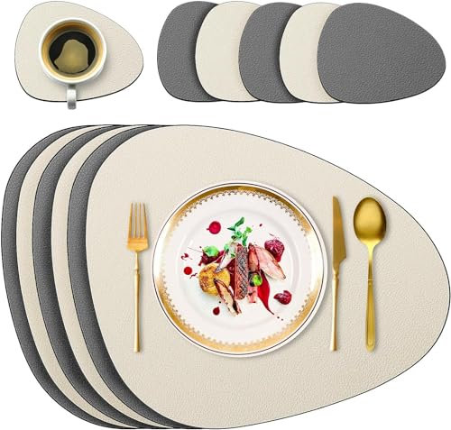 6er Set Tischsets Abwaschbare mit Untersetzern, Doppelseitige Platzdeckchen Lederoptik wasserdichte Platzsets für Esstisch, Küche, Restaurant & Zuhause (Beige&Grau)