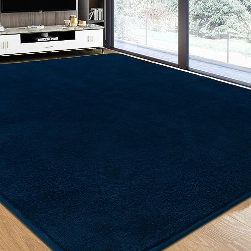 Rururug Rugs Living Room Large 200x300 cm Super Soft and Fluffy Rugs for Bedroom, Modern Plain Fluffy Large Area Rugs Machine Washable Anti-Slip Carpet, Navy Blue Rug