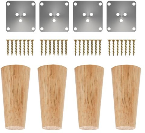 4 Piezas Patas para Muebles Madera Maciza,patas de madera cónicas rectas,Patas de Sofá para Placas de Montaje y Tornillos para Sofá Cama,Estantería,Armario,Silla,Sillón (Altura del pie 8 cm, Natural)