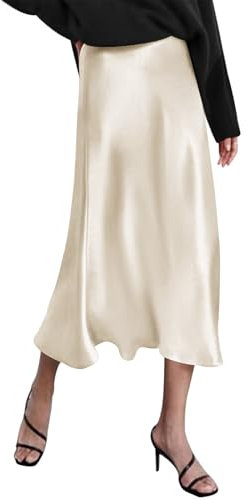 Zeagoo Damen Casual Satin Longrock Elastische Taille Reißverschluss Satinrock Klassische Einfarbige Seidige Midirock Cremefarben S