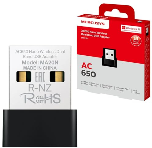 MERCUSYS MA20N AC650 - Adaptador WiFi USB de doble banda para PC/escritorio/portátil, nano mini adaptador inalámbrico para PC TP-Link, compatible con Windows 10-11, protección de seguridad WPA3