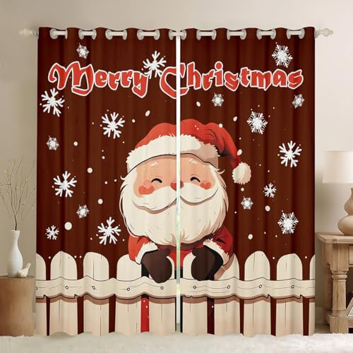 Santa Claus Window Curtain Set of 2 Panels,Rustic Wooden Fence Winter Snowflake Xmas Gifts Window Curtain,Kawaii Christmas Snowy Red Curtain for Bedroom Decor,52Wx96L Inches