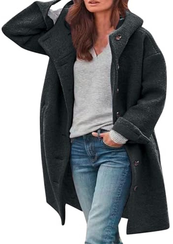Oyuchga Trench Coat Manteau long en laine pour femme avec capuche Élégant Couleur unie Veste de transition Manteau d'hiver Confortable Chaud Longline Veste d'hiver matelassée décontractée Veste à