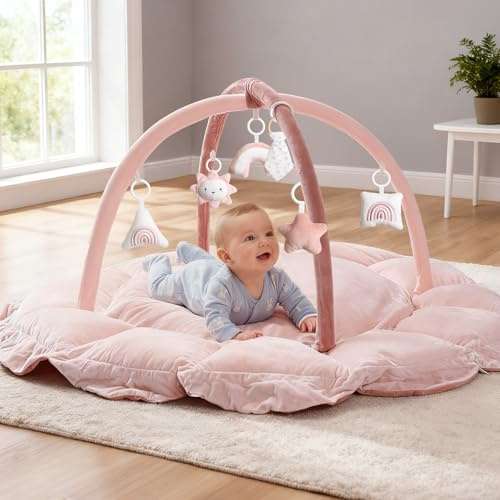 Mallify 5-in-1-Wandelbares Baby-Spielbogen mit 6 Spielzeug, Spieldecke zur Förderung der sensorischen Entwicklung, Babyspielmatte, Ballbad, Katzen- & Hundebett, weiche Plüsch Spieldecke, Rosa