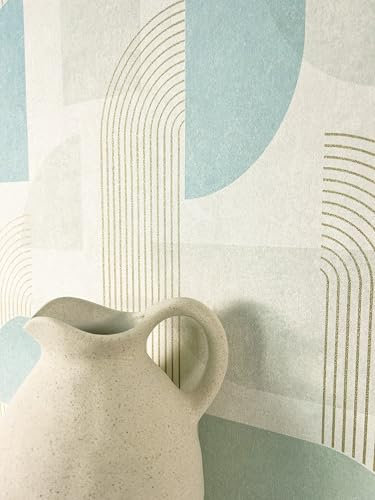 Newroom Tapete Hellgrau Vliestapete Streifen - Mustertapete Modern Türkis Gold Linien Bogen Boho-Tapete Boho Ethno-Muster Retro inkl. Tapezier-Ratgeber