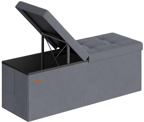 SONGMICS Puff Almancenaje, Banco Almacenaje Plegble, 38 x 110 x 38, Tapa Abatible, Taburete con Reposapiés, Carga 300 kg, Entrada, Salón, Dormitorio, Tela de Terciopelo, Gris Pizarra LSF078GN01
