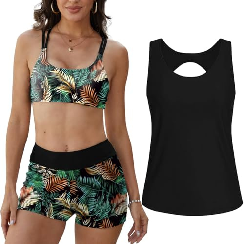 Yutdeng Tankini 3-delad baddräkt för kvinnor, push up-bikinitopp, kors, shorts, hög midja, ihåliga rygglinne, badkläder, magkontroll, tankini set med blygsamma badkläder, svart, L